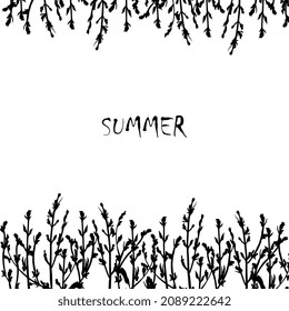 frame, border with silhouettes of grass, flowers. Black and white sketch, summer postcard