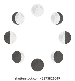 Frame border with silver moon phase cycles. Isolated vector illustration on white background.