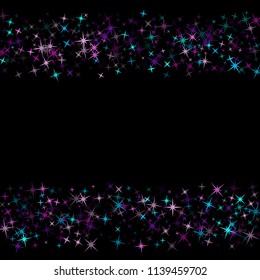 Frame border of star sparkle texture glitter pattern. Premium colored confetti of flying stars, magic geometric sparkles stardust vector background border. Christmas party design.