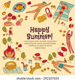 Frame border summer card objects and people square
Happy summer squear card. Color vector illustration.