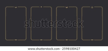 Frame border Tarot card templates with celestial elements, crescents and stars. Mystery, astrology, alchemy. Vector illustration