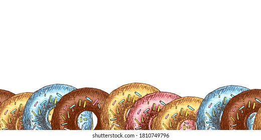 Frame Border template with Donut with color glaze. Space for copy text. Bakery product. Vintage style design. Template for banner, poster, packaging design. Hand Drawn vector illustration.