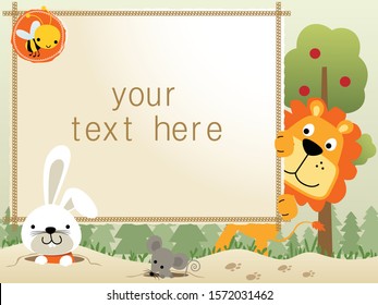 frame border template with funny animals cartoon on trees background