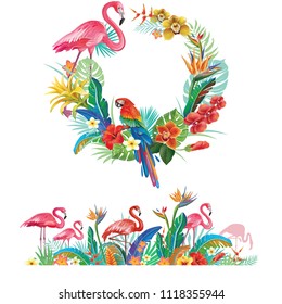 Frame and border from tropical flowers and Flamingoes
