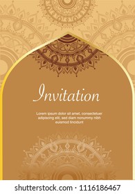 Frame border vector design for Invitation template and background with gold color of line art floral and Mandala style decoration vintage illustration