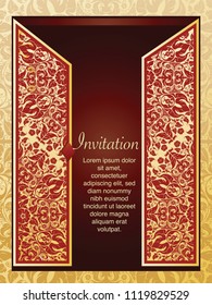 Frame border vector design for Invitation template and background line art floral with Mandala style decoration gold tone color illustration