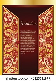 Frame border vector design for Invitation template and background line art floral decoration gold tone color illustration