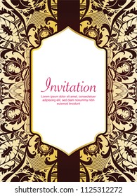Frame border vector design for Invitation template and background line art floral decoration gold tone color illustration