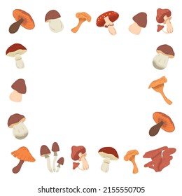 Frame border vector illustration of a mushroom. A hand-drawn clipart on a white isolated background. Edible forest mushroom. Graphic cartoon style. Cute element for your design.