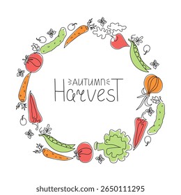 Moldura, borda com legumes, desenho de linha, rabiscar. Comida vegetariana natural. Ícones de arte de linha. Comida saudável. Gráficos vetoriais. Letras de mão. Colheita de outono. Plano de fundo em branco com espaço para texto.