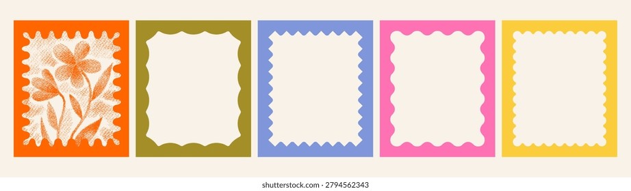Frame border. Wavy scallop edge shape. Fun bold frames. Grainy blur halftone flower photo art. Cute square rectangle vector border. Boarder pattern, fun bold retro frame sticker, wavy wiggle design bg