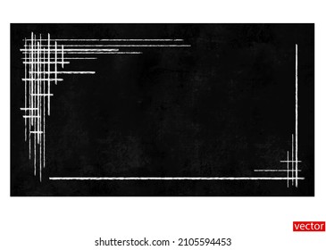 Borde de marco. Marco blanco sobre pizarra negra. Marco dibujado con pintura blanca sobre fondo negro. Textura de fondo negro. Abstracción de las líneas de intersección blancas. Líneas de pintura blanca. Vector