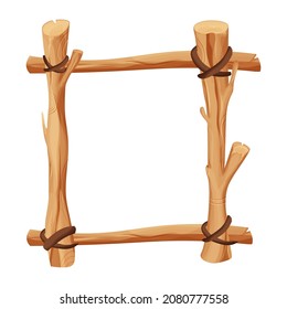 Frame, border from wood branch, sticks and leather rope in comic cartoon style isolated on white background. Tribal, rural clip art. Ui game asset.