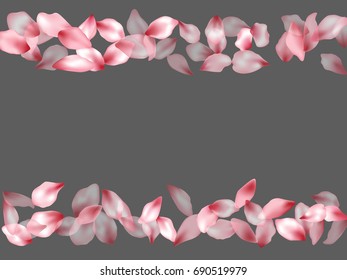 Frame borders with grey place for text and pink flower petal confetti. Invitation  border template background or card layout design for wedding, anniversary, spring holiday. Blossom petals flying.