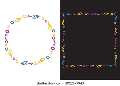 Frame botanical set, circle, square geometric shape. Hand drawn simple doodle colorful leaves, dots in blue, lilac, yellow colors. White or black color background. Vector illustration