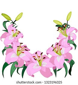 frame, bouquet with branches and flowers of lilies