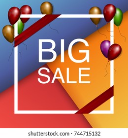 Frame with a bow and balls with text BIG SALE. Black Friday Sale Poster with Dark Shiny Balloons Bunch Isolated on Colour Background. Frame with a bow for a template. Vector illustration.