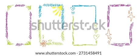 Frame box elements drawn in crayon style. Ideal for kindergarten graphics, kids education and fun layouts.