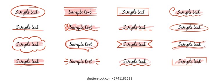 Frame box text hand drawn title set. Box text ribbon banner highlight underline handwriting doodle pen background. Simple cute vintage border ornament tag, marker sketch headline. Vector illustration