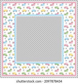 Frame for boy baby shower invitation design. Cute childish pattern with pastel color cars for baby postcards, cute diplomas, posters. Cartoon border for clip art decoration. Picture framing for kids.