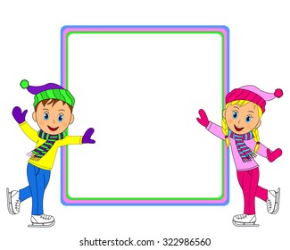 frame with boy and girl skating,illustration,vector