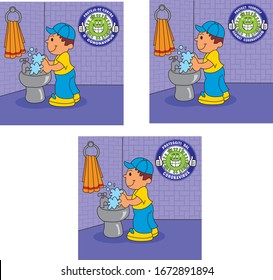 Frame with a boy in vector washing his hands. A seal to protect yourself from coronavirus in English, Portuguese and Italian