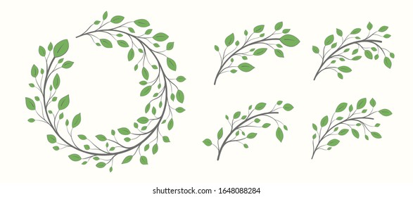 Frame of a branch with green leaves in the shape of a circle plus a set of branches with leaves