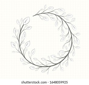 Frame of a branch with leaves in the shape of a circle in a gray tone isolated in vintage style on a light background