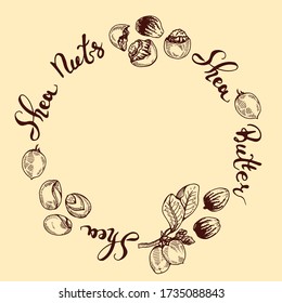 Frame with branch Shea tree with fruits, nuts, leaves and Shea butter. Detailed hand-drawn sketches, vector botanical illustration. For cosmetics, medicine, aromatherapy. 