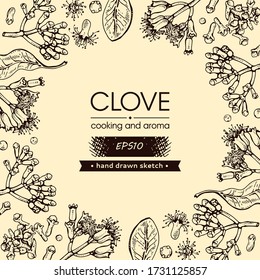 Frame with branches of a carnation tree with leaves, buds and flowers . Detailed hand-drawn sketches, vector botanical illustration.  For menu, label, packaging design.