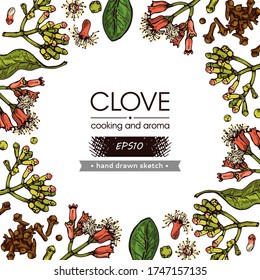 Frame with branches of a carnation tree with leaves, buds and flowers . Detailed hand-drawn sketches, vector botanical illustration.  For menu, label, packaging design.