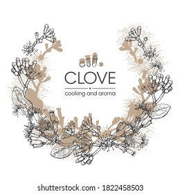 Frame with branches of a carnation tree with leaves, buds and flowers . Detailed hand-drawn sketches, vector botanical illustration.  For menu, label, packaging design.