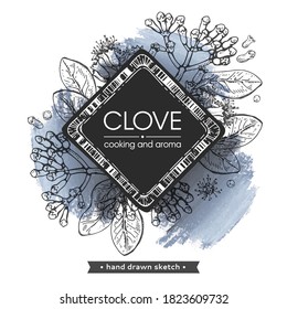 Frame with branches of a carnation tree with leaves, buds and flowers . Detailed hand-drawn sketches, vector botanical illustration.  For menu, label, packaging design.