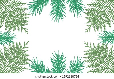 Frame of branches of fir trees and thuja, silhouettes. Applied clipping mask. Vector illustration.