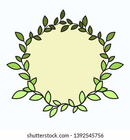 Frame of branches with green leaves around a yellow circle on a light blue background