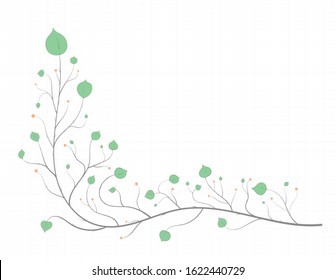 Frame of branches with green leaves and red berries in a light art style, on a notebook sheet