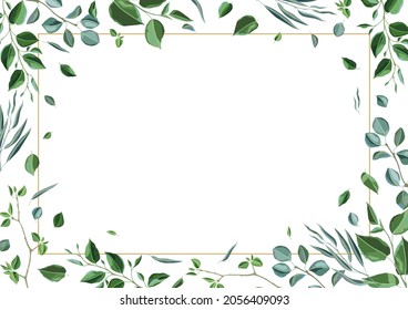 Frame with branches and green leaves. Spring or summer stylized foliage.