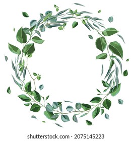 Frame with branches and green leaves. Spring or summer stylized foliage.