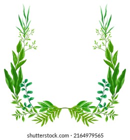 Frame with branches and green leaves. Spring or summer stylized foliage.