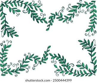 Marco de ramas con hojas y rizos. Ilustración vectorial.