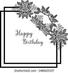 Frame branches leaves, with pattern flowers, for card happy birthday. Vector