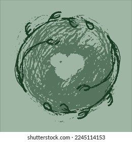 Frame of branches on the background of a hand-drawn circle and a heart. The concept of love and peace. Vector