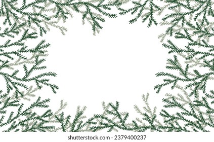 Frame, branches of spruce tree in hand drawn style on white background. Vector illustration