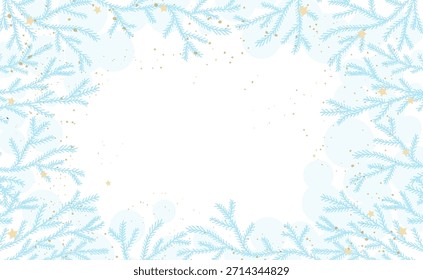Frame, branches of spruce tree in hand drawn style with decorative elements. Vector illustration