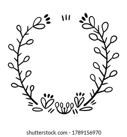 Frame of branches for text decoration in doodle style. Minimalistic, natural elements. Black outline on a white background.