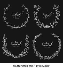 Frame of branches for text decoration in doodle style. Minimalistic, natural elements. White chalk outline on a black background.