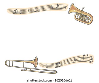 Frame with brass instruments and abstract music notes. Vector illustration.