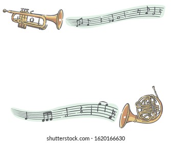 Frame with brass instruments and abstract music notes. Vector illustration.