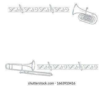 Marco con instrumentos de bronce y borde decorativo. Ilustración vectorial.