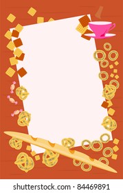 frame with a bread, buns, bagels, croissants, biscuits, sweets and a cup of tea